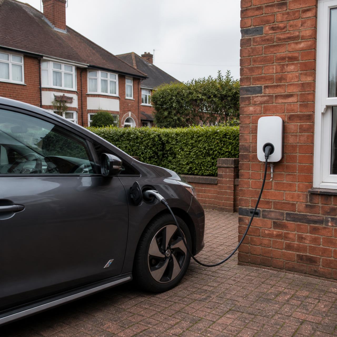 Home charger in use on a residential driveway at dusk