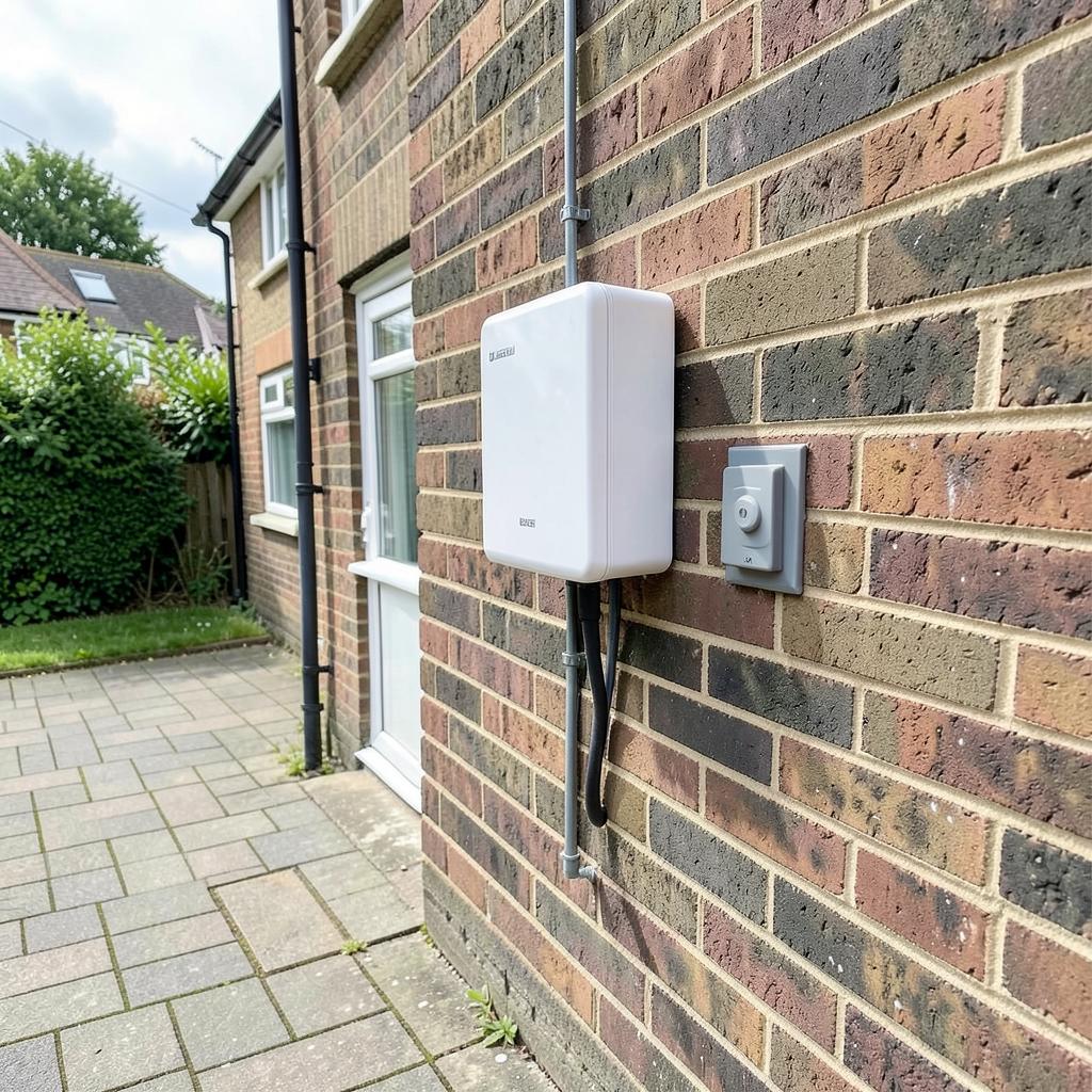 White EV charger unit and isolator installed on a brick wall