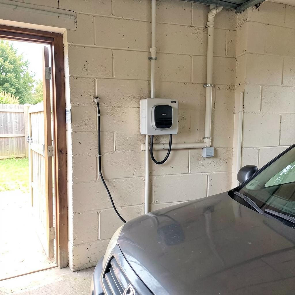 EV charger installed inside a domestic garage with tidy conduit