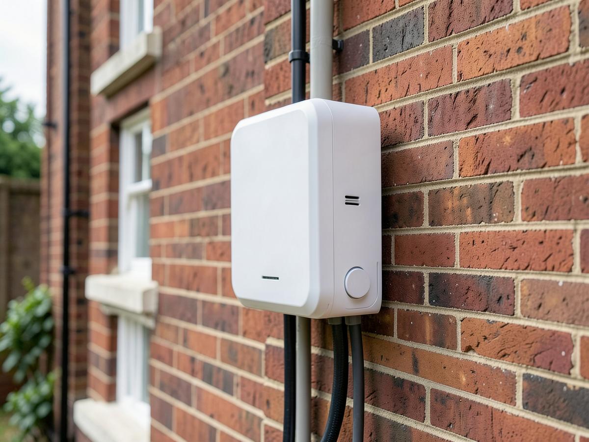 Wall-mounted EV charger neatly installed on a brick house wall