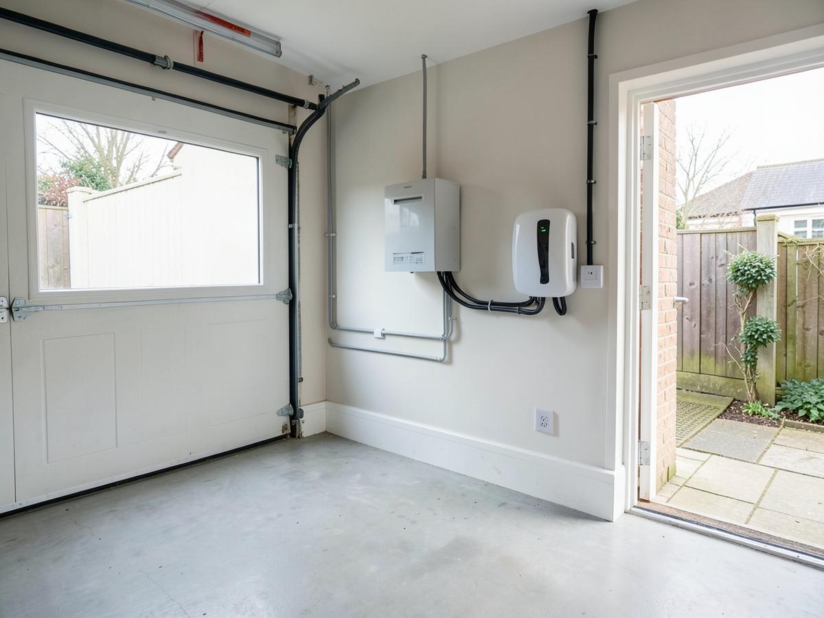 EV charger installed in a domestic garage beside the consumer unit